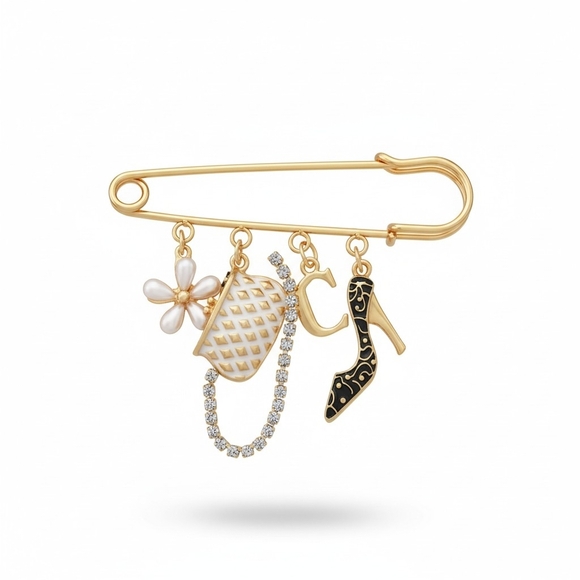 Jewelry - Gold Charm Safety Pin Brooch with Black & White Enamel Charms